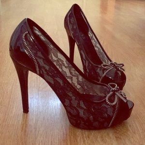 Lace and Patent Leather Peep Toe Stilettos